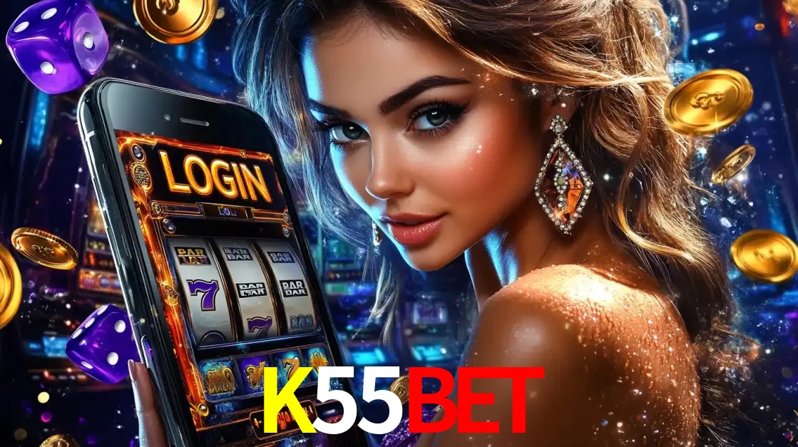 Mulher glamorosa segurando um smartphone com a tela de login para os jogos de caça-níqueis do cassino online K55BET, com moedas de ouro e dados ao redor.